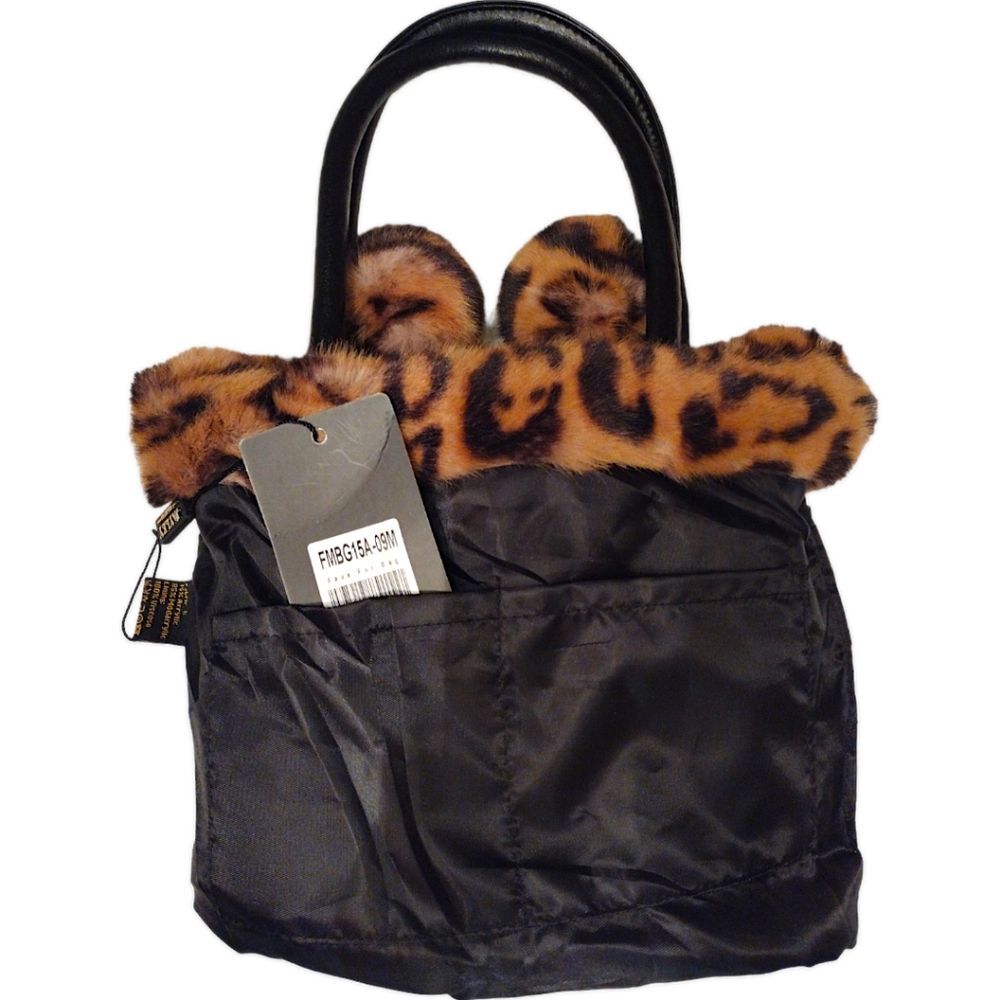 Jayley Collection Leopard Print Faux Fur Drawstring Bag w/ Pom-pom Tassels, NWT - Picture 9 of 11